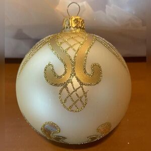 Vintage White Glass Christmas Bauble Ornament Medium Gold Glitter Hanging